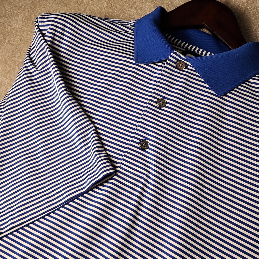FootJoy Golf Polo Shirt Blue White Stripe Short Sleeve Mens Performance Fit